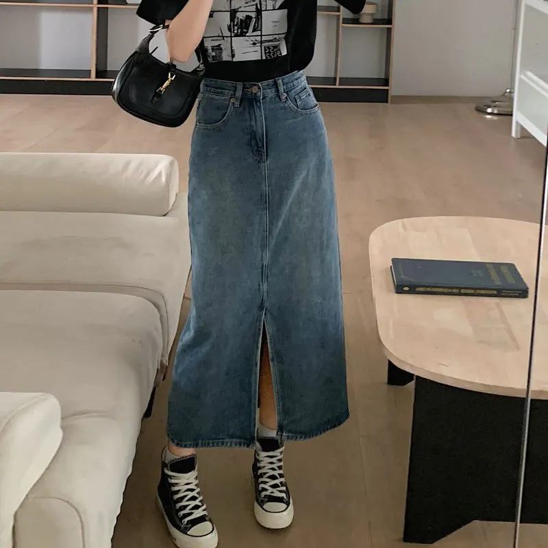 

Fashion Midi Skirt Slit Vintage Streetwear Skirts Women'S Hip High Waist Korean Office Lady Casual Denim Jean Long Skirts Autumn