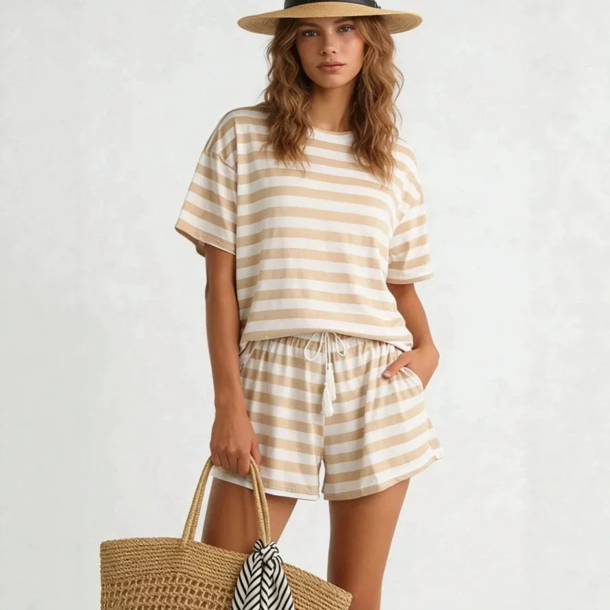 

Striped Shorts Two Piece Sets O Neck Loungewear Casual Short Sleeve T-Shirt Drawstring Shorts Cozy Summer Beach Vacation Outfit