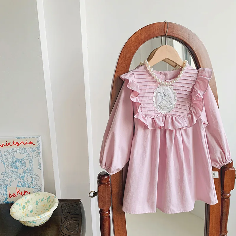 Children'S Clothing Pleated Embroidery Cute Girl'S Dress 2023 Autumn Lotus Leaf Collar Korean Version Children'S Princess Dress