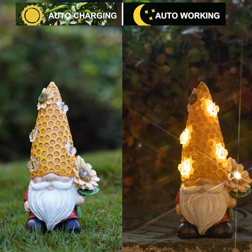 Solar dos desenhos animados anão jardim estátua, paisagem luz, decoração de girassol, personalidade criativa, abelha luz, ao ar livre