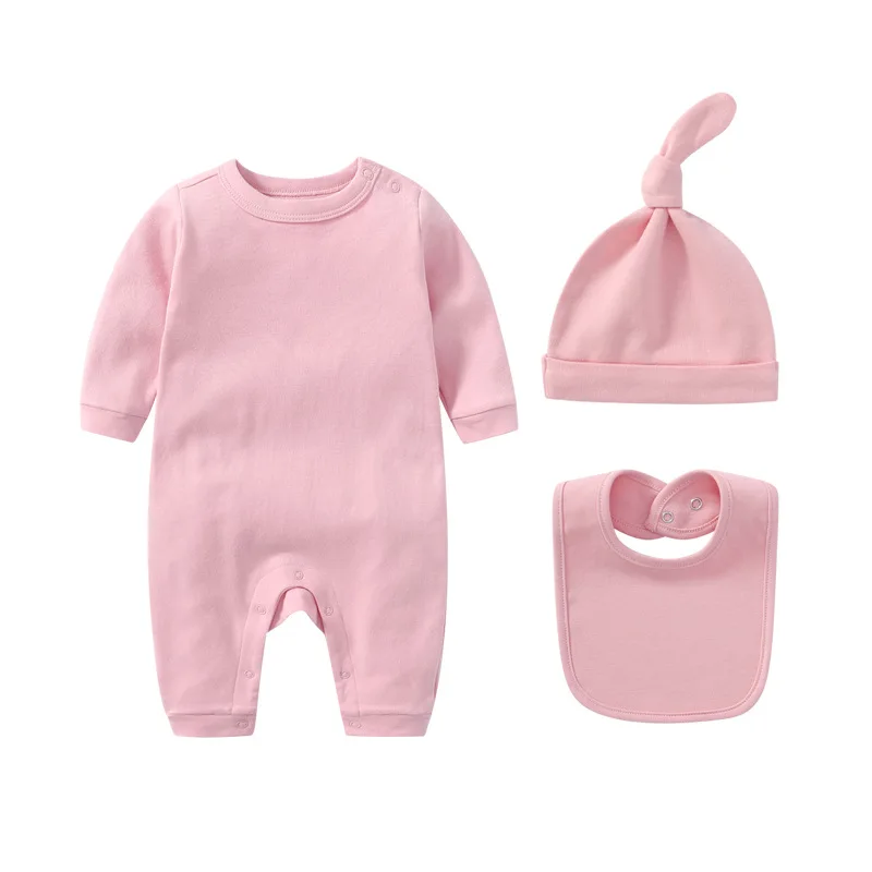 Newborn Infant Boys Clothing 100% Cotton Solid Color Long Sleeve Jumpsuit Bib Cap Three-Piece Set 0-12 Months Baby Girls Suit