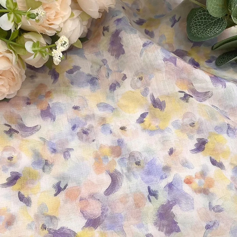 Skin-friendly soft and slightly translucent country-style purple floral printed linen fabric for dress shirt halter