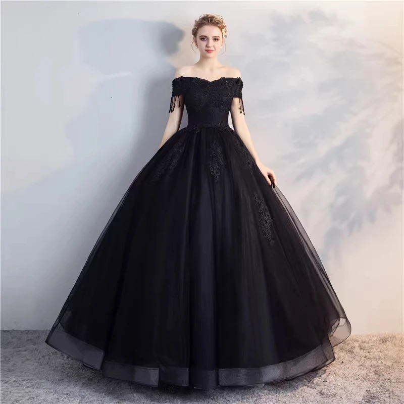 LEOSOXS-vestido gótico negro para quinceañera, traje Formal de fiesta de graduación con hombros descubiertos, Vintage de encaje, 2024