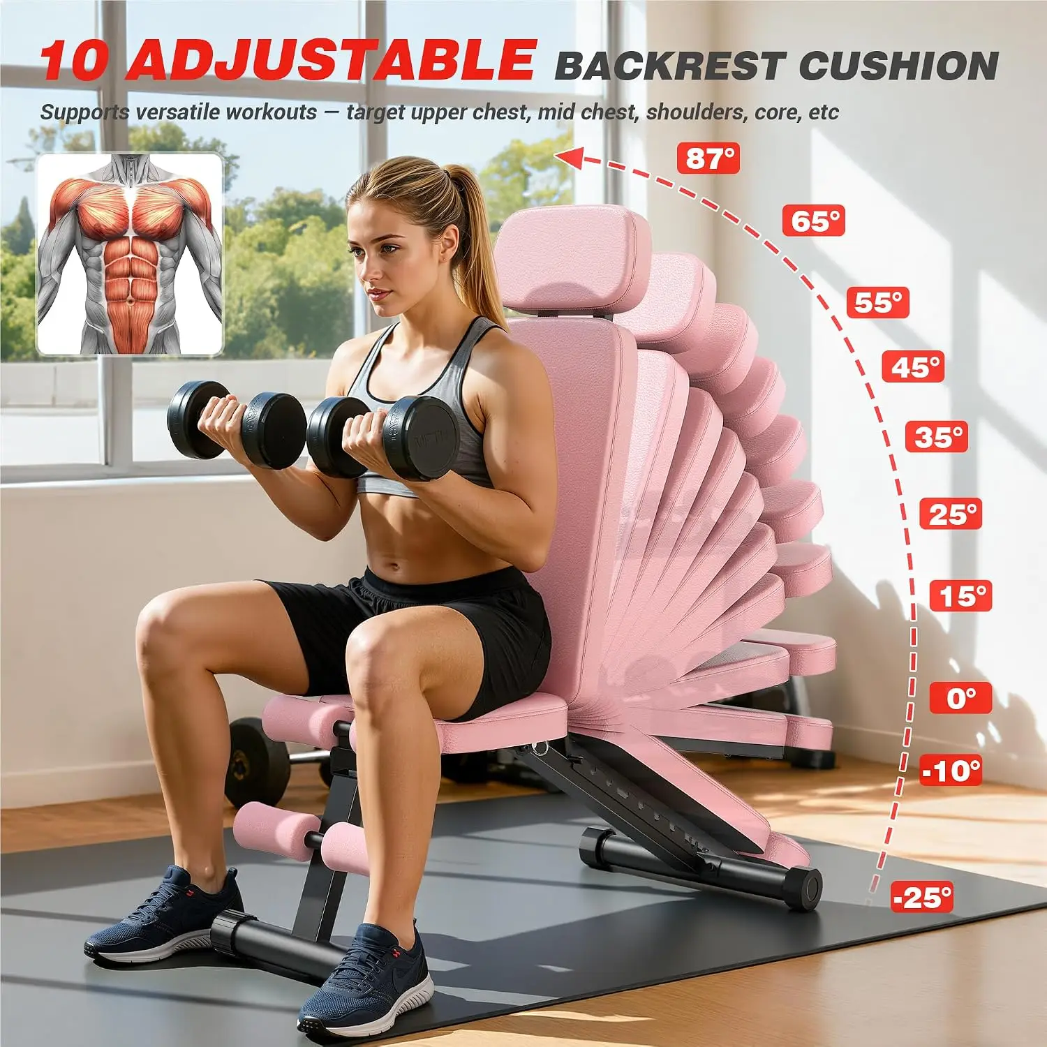 Workout Bench, 10 Backrests Adjustable Weight Bench with Extended Headrest, 800LBS Foldable for Home Gym