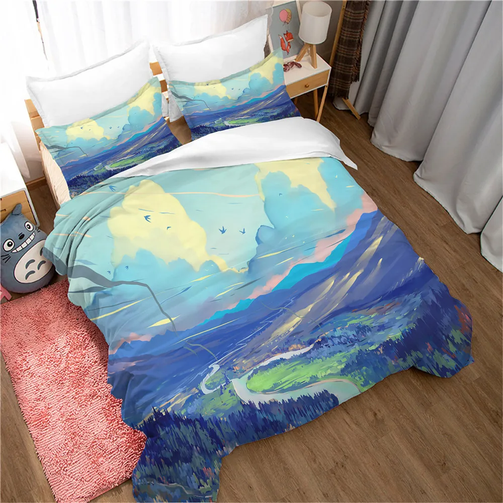 Nature Landscape Duvet Cover King/Queen Size Blue Sky Mountain Modern Art Bedding Set Watercolor 2/3pcs Polyester Quilt Cover