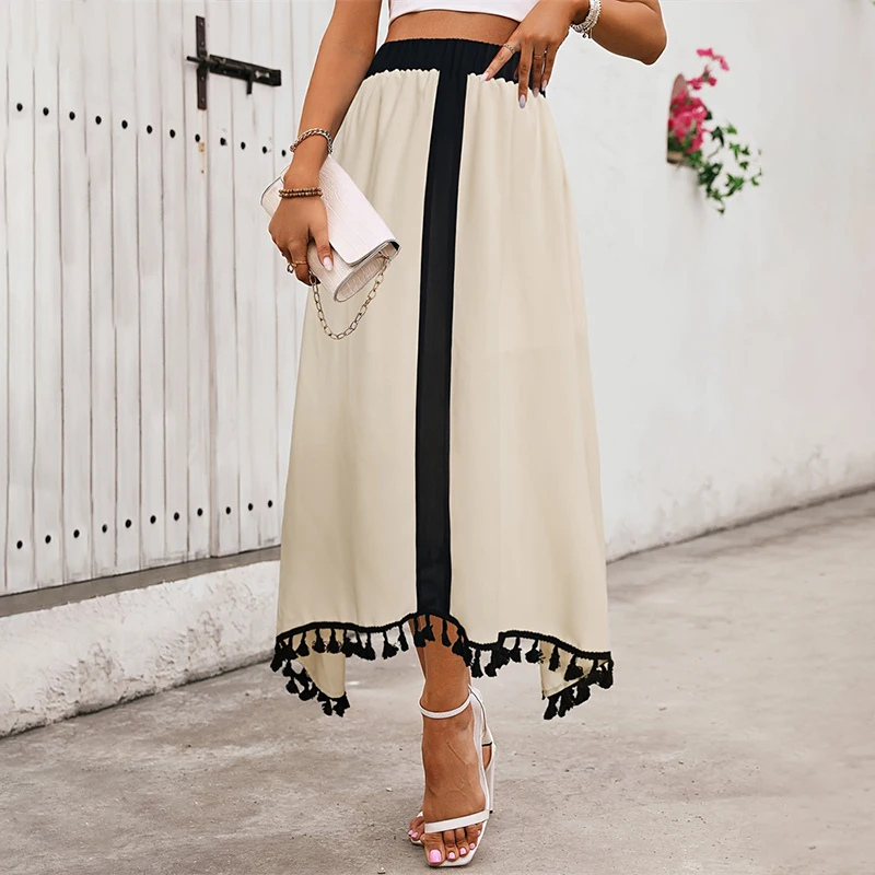 Women Tassel Skirt Vintage High Asymmetric Hem India Folk Straight Solid Casual High Street Autumn Fashion Female Cover-Up Beach