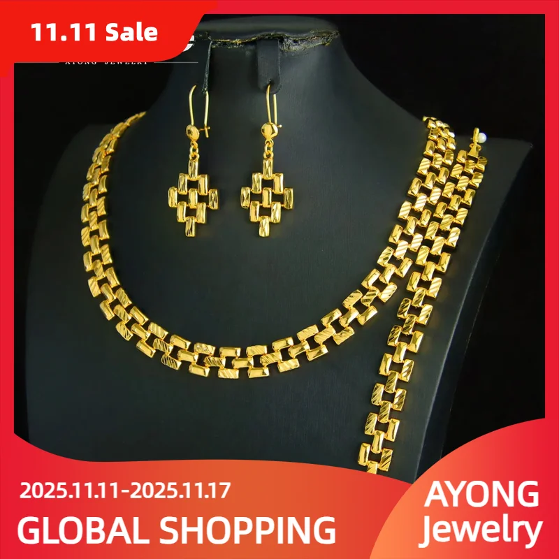 

Luxury Dubai Wedding Jewelry Set 21k Gold Plated Bamboo Knot Necklace Bracelet Earrings Arabic Women Bridal Vintage Jewelrys