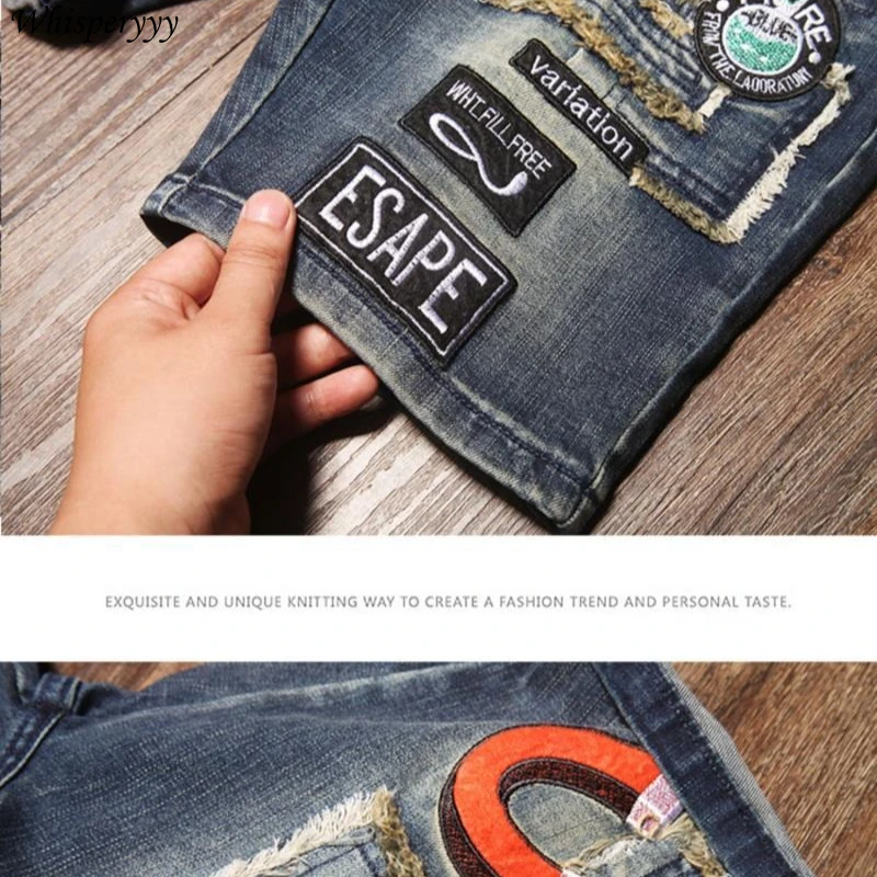 Summer Hole Patch Embroidered Denim Shorts Men Clothing Streetwear Five-point Pants  Badge Casual Jeans Pants Hip-hop Breeches