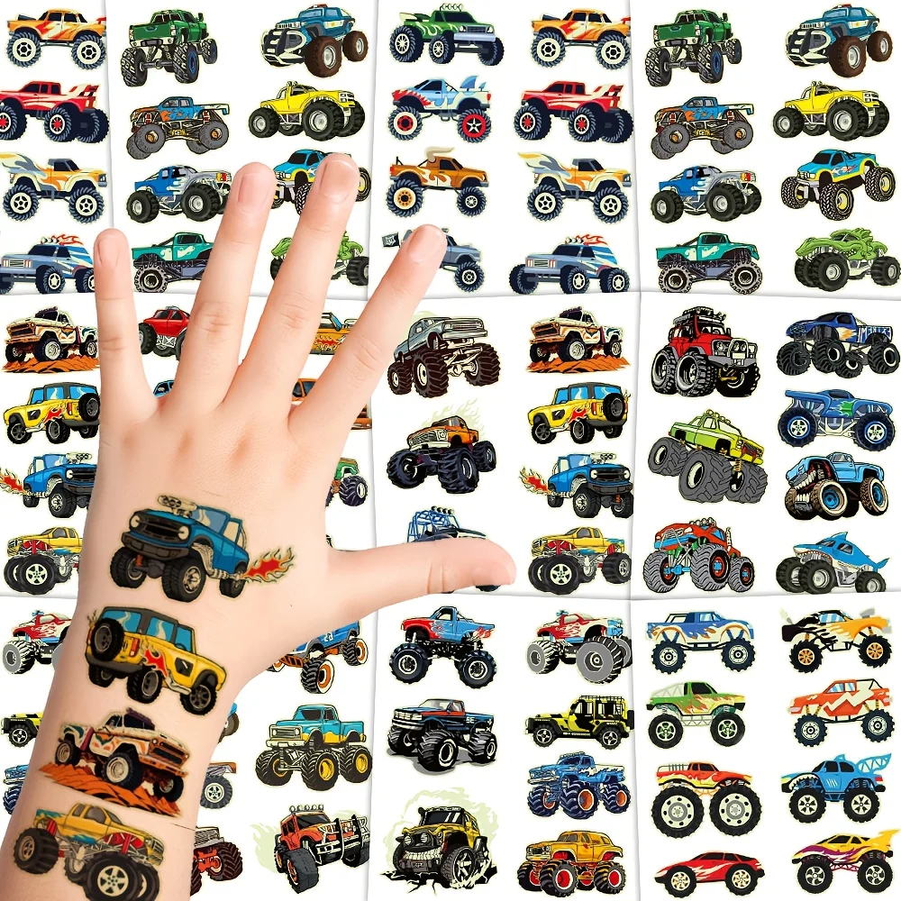 6 Sheets Luminous Tattoo Stickers Monster Truck Temporary Tattoos Glowing In the Dark Fake Tattoo Cartoon Car Tattoo For Boys