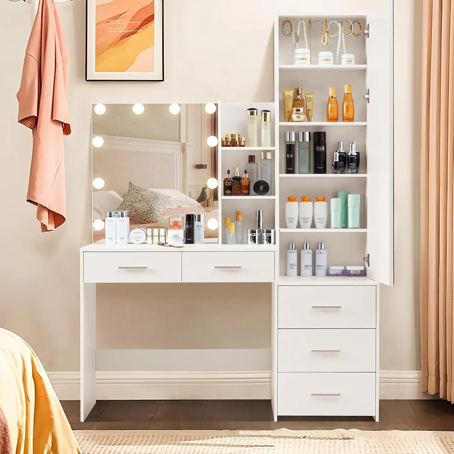 usikey Vanity Desk with Full-Length Mirror and Lights, Makeup Vanity Table with Jewelry Cabinet, 2 Drawers & 2 Shelves,Vanity