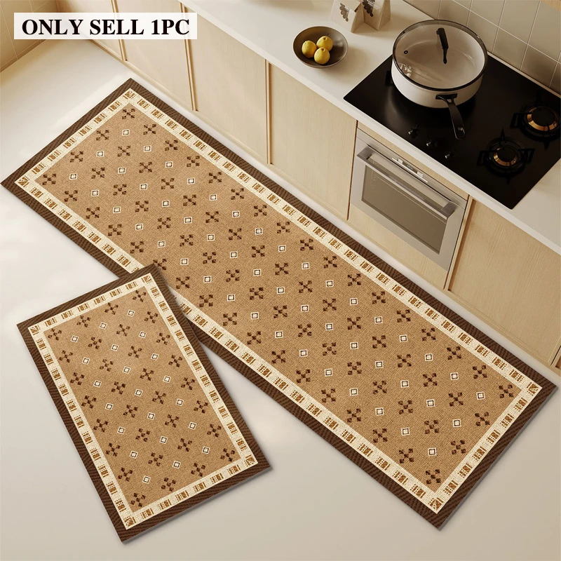 Kitchen Carpet PVC Waterproof Oil-proof Non-slip Leather Floor Mat Geometric Pattern Long Carpets Retro High-end Home Decor Rug