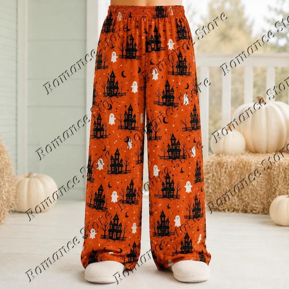 Women Casual Milk Silk Halloween Lounge Pants Ghost Haunted Castle Moon Bat Elastic Waist Loose Sleep Trousers Soft Home Wear