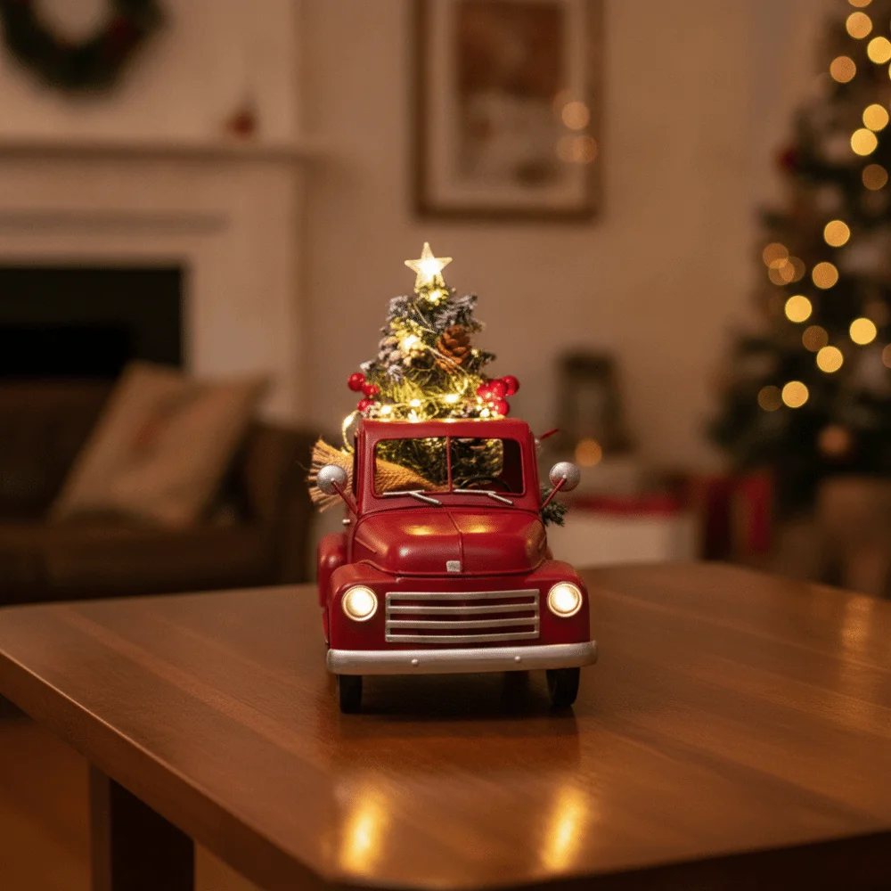 American Rustic Style Red Truck with Christmas Tree Ornament with Light Vintage Christmas Pickup Truck Statue Mini Metal