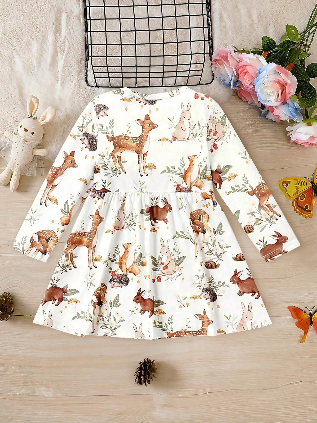 Girls Cute Animal Forest Deer Cute & Elastic Dress For Spring And Autumn