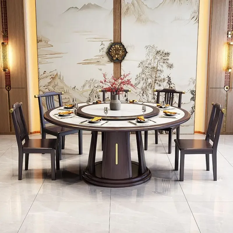 Solid wood rock slab round dining table full chair household high-end all solid wood induction cooker round table with turntable