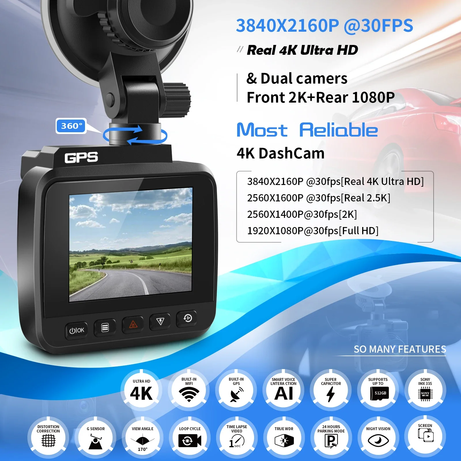 Zimtop 4K Dash Cam Built in WiFi GPS Car Dashboard Camera Recorder with UHD 2160P 2.