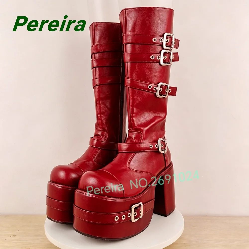 Red Platform Multi-Buckled Gothic Knee High Boots Round Toe Chunky Heels Patchwork Women's Long Boots Zipper Glossy Y2K Shoes