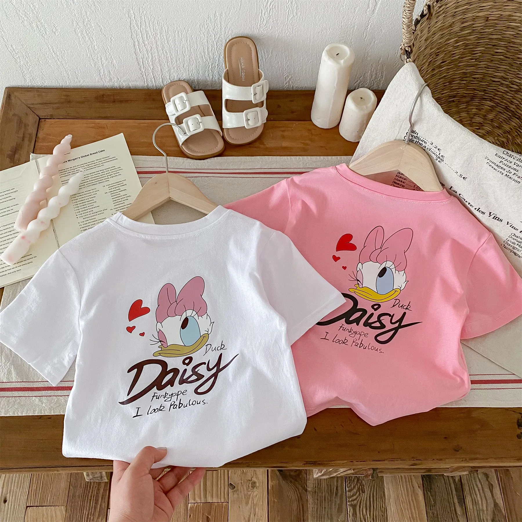 Disney Cartoon Cute Baby Girl\'s T-shirt Summer Clothing Loose Casual Short Sleeve Top Children Tees Daisy Pattern Kids T Shirts