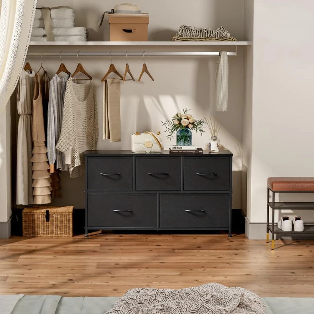 

Home Furniture Organizer Storage 5, Chest of Drawers with Fabric Bins, Long Dresser with Wood Top for Bedroom, Closet, Entryway