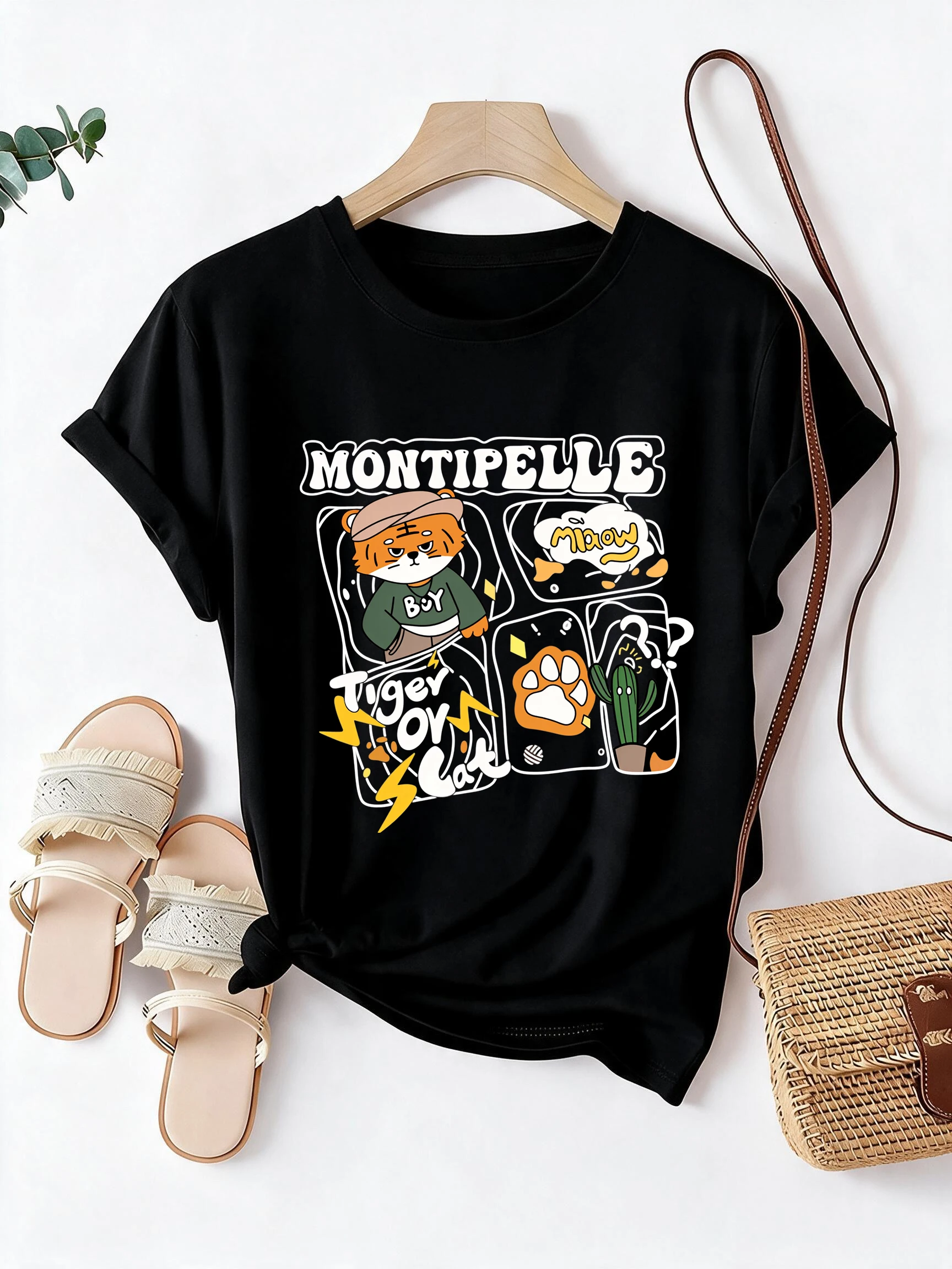 Funny Cat and Cactus Print Short Sleeve T Shirt Women's Graphic Crew Neck Tee Tops Outfit 90s Y2k T-shirt Female Gift Clothes