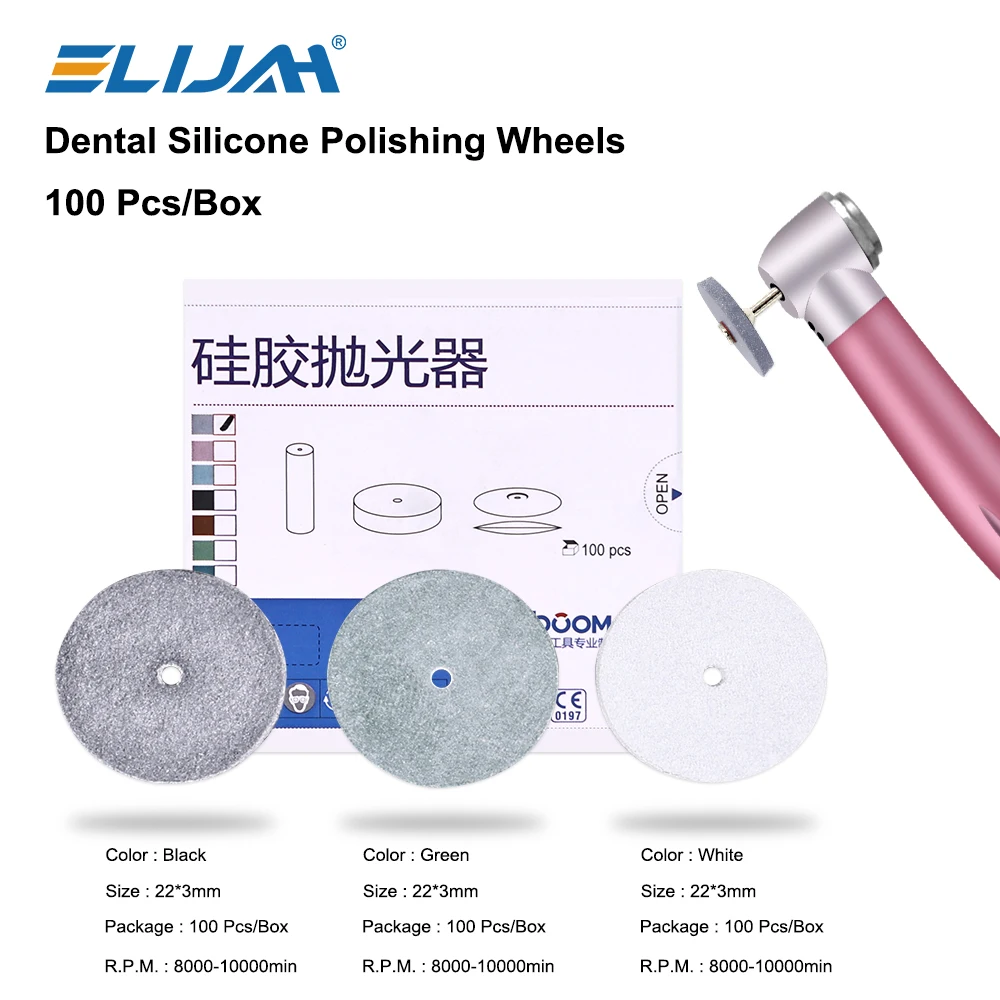 

ELIJAH 100Pcs/Box Dental Polishing Wheels Kit 3 Colors Silicone Rotary Polisher for Handpieces Polishing Grinding Dentistry Tool
