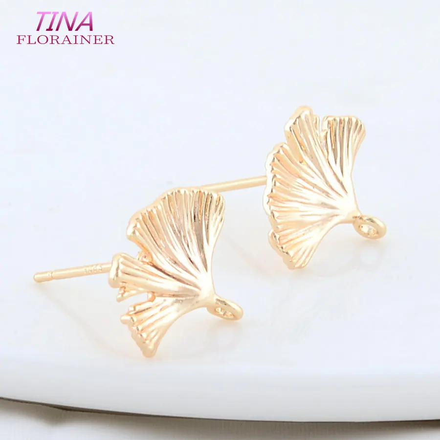 6PCS 12*14MM 18K Real Gold Plated Brass Leaf Leaves Stud Earrings High Quality DIY Earring Jewelry Making Finding Accessories