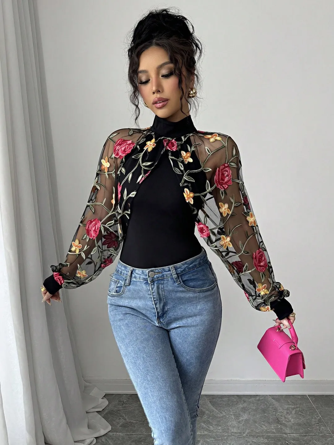 Women Long Sleeve Floral Embroidered Blouse Sheer Mesh Overlay Top High Neck Puffed Sleeve Tunic with Rose Embroidery Vine