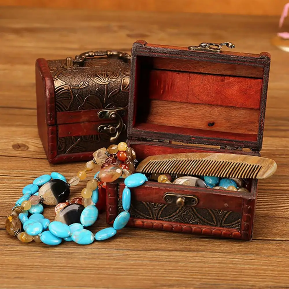 Wood Treasure Chest Storage Box Sakura Narcissus Jewelry Organizer Wooden Luxury Trinket Case Candy Cosmetics Holder Storage Box