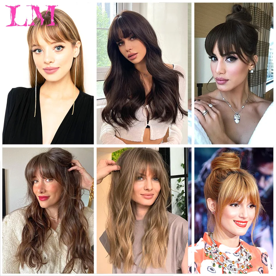 LM ธรรมชาติสังเคราะห์ตรง Blunt Bangs เส้นใยอุณหภูมิสูงสีน้ำตาลผู้หญิงคลิปใน Full Bangs Fringe ผม6นิ้ว