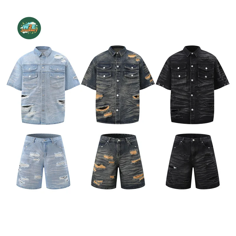

W2EJOURNEY High Quality EU US Size Vintage Distressed Dyed Ripped Denim Shirt and Shorts Set Unisex Outdoor Jeans Suit
