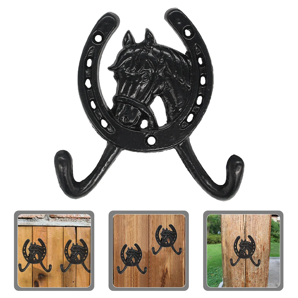 European Style Creative Horse Head Horseshoe Double Hook Wall Cast Iron Black Hanging Hooks Metal Hat Hanger Bathroom Kitchen