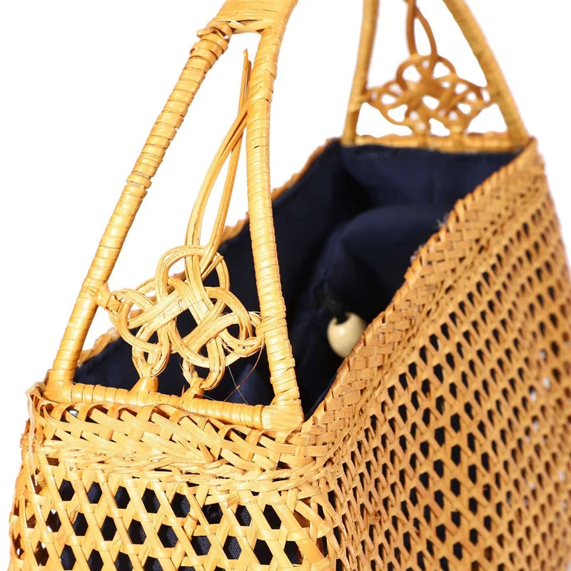 2X Women Bamboo Bags Bohemian Female Summer Beach Handbag Lady Vintage Rattan Knitted Bag Hollow Handmade Woven