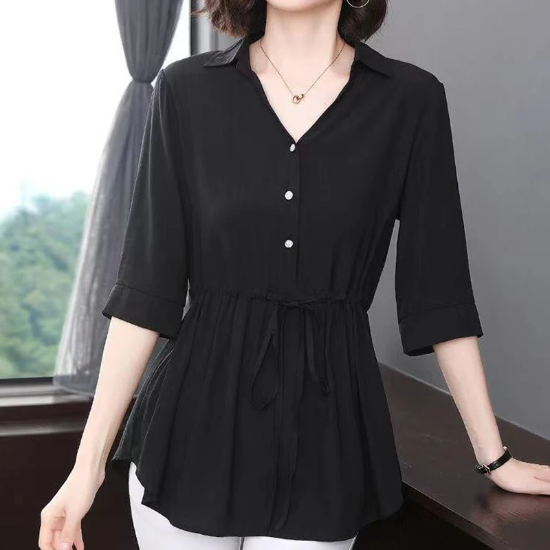 Elegant Fashion Casual Solid Button Belt Chiffon Shirt Summer 2023 Half Sleeve Polo-Neck Loose Pullovers Blouse Women\'s Clothing