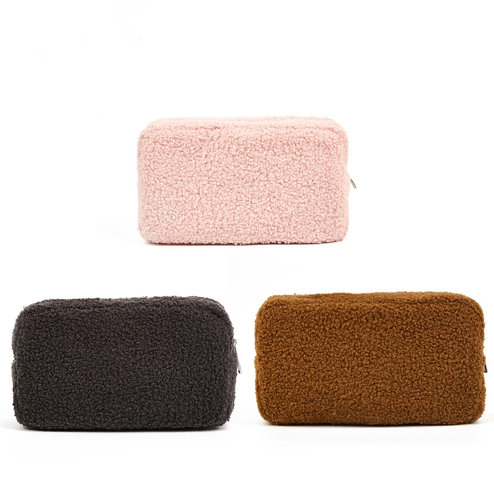 Solid Color Teddy Fleece Comestic Bags Travel Toiletry Bag Organizer Pouch Portable Bath Wash Bag Beauty Pouch 2024