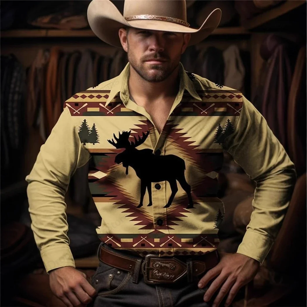 

Мужская джинсовая рубашка с длинными рукавами в европейском стиле ретро в стиле вестерн с 3D принтом, мужская модная повседневная деловая рубашка на пуговицах, уличный топ