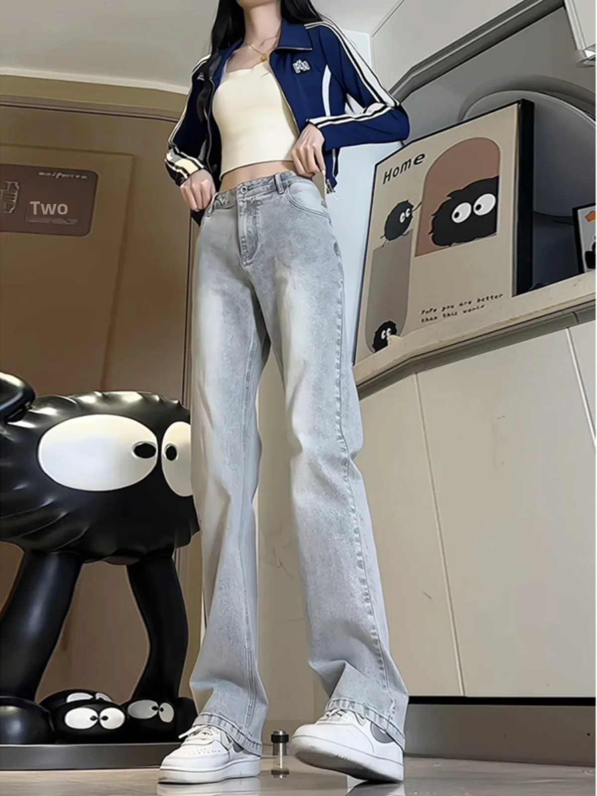 

y ey High Waist Elastic Men's Jeans Trendy Straight Loose Flared Pants Youthful Street Sle Durable Wear Resistant
