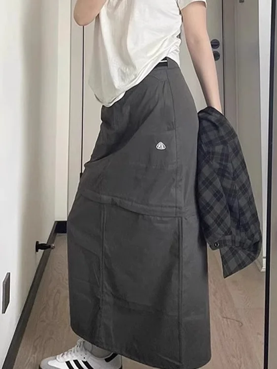 Gray High Waist Workwear  Skirt Women's Summer New Design Detachable American Long Skirt A-Line Korean Style Commute