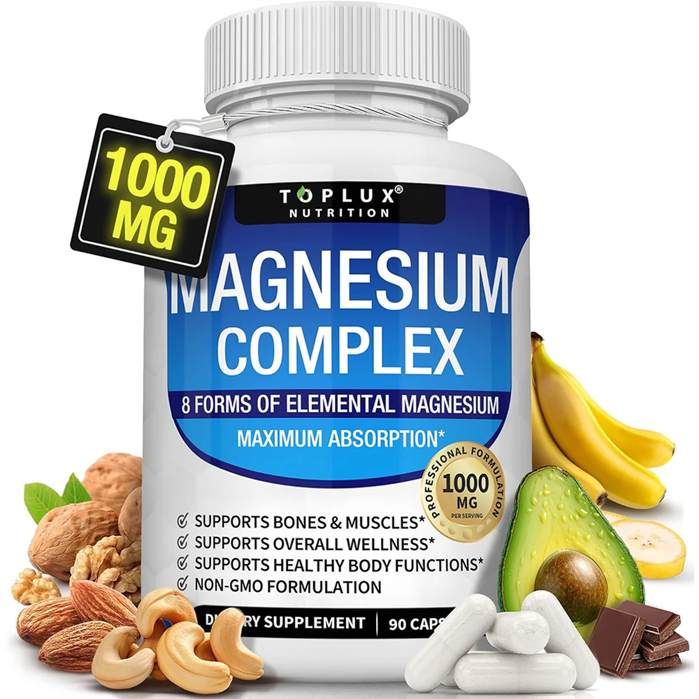 Magnesium Complex Supplement | 1000mg Magnesium Glycinate, Malate, Citrate | 8 Elemental Chelated Formula | Vegan, Non-GMO, 90 C