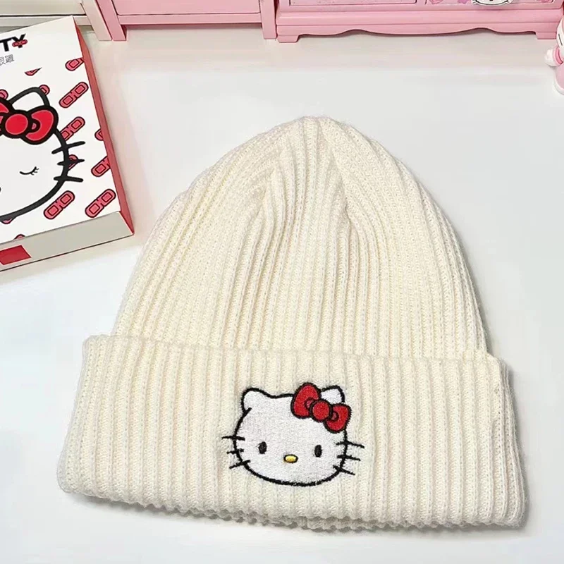 Saniro My Melody Cinnamorol Kuromi Hello Kitty Embroidery Knitted Cap Cartoon Kt Cat Wool Cap Couple Set Head Hat Girls Gifts