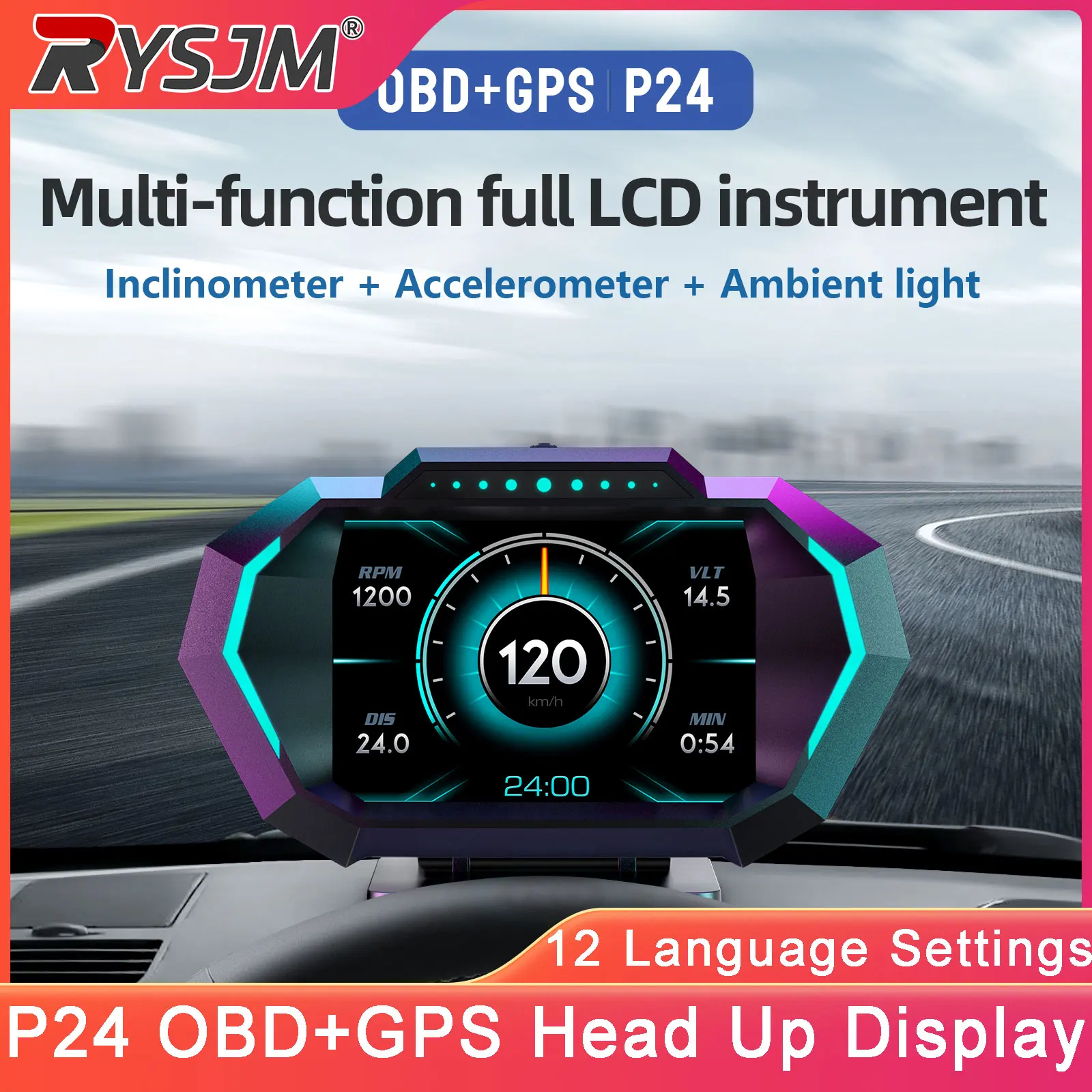 P24 Display Head-Up para Carro OBD+GPS, Computador de Bordo, Medidor Digital de Voltagem, Tacômetro, Medidor de Inclinação, Acelerômetro, Velocímetro Automotivo