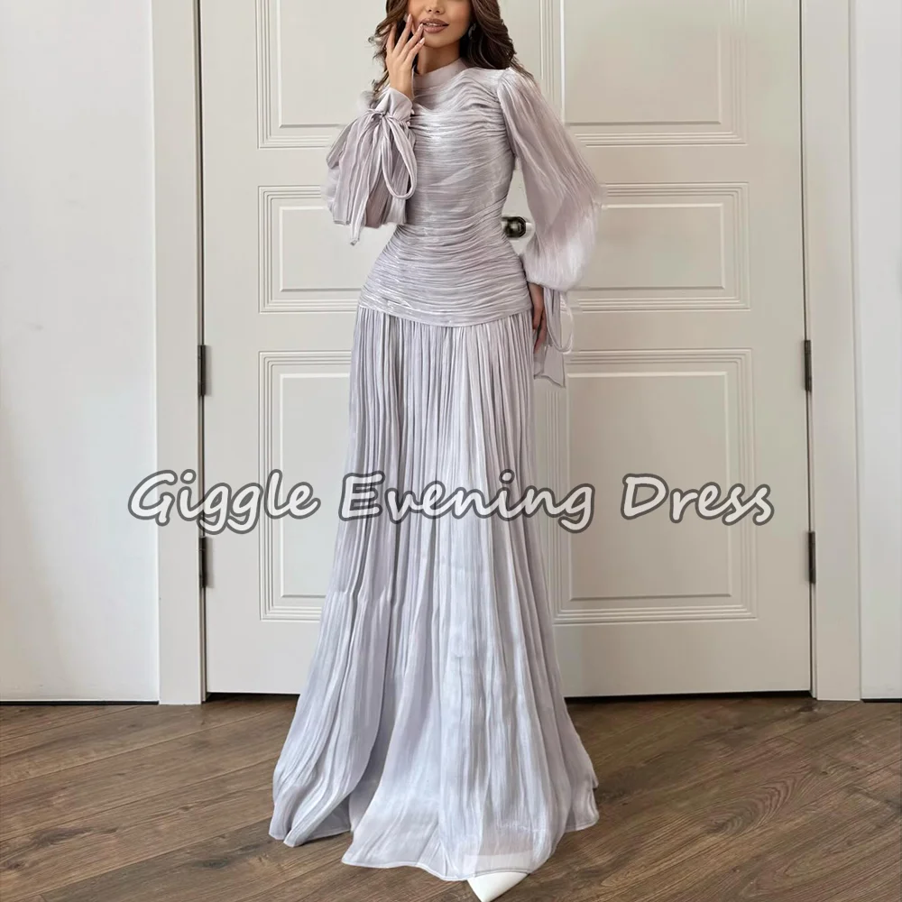 

Fashion Chiffon Pleated Ruched Drape A-line High Collar Floor-Length Evening Dresses for Women Lilac Wedding Guest Party Gowns