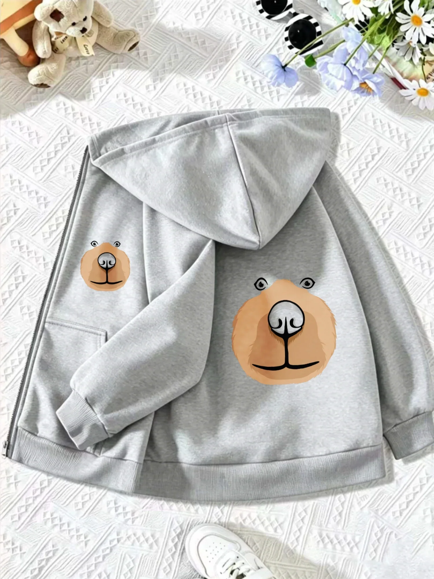 Kids Bright Blue Zip Hoodie Cute Bear Face Graphic Print Long Sleeve Loose Hooded Jacket For Boys Girls Daily Casual Outerwear
