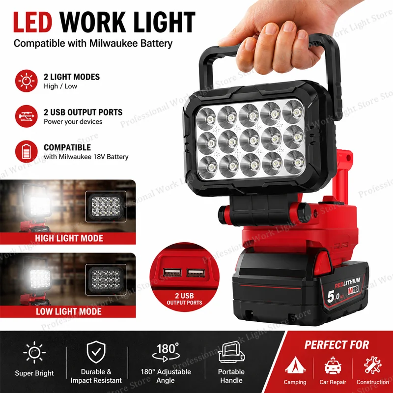 

14–28V Handheld Flashlight Compatible with milwaukee Batteries, portable Outdoor Battery-Powered Light, camping and Fishing Ligh