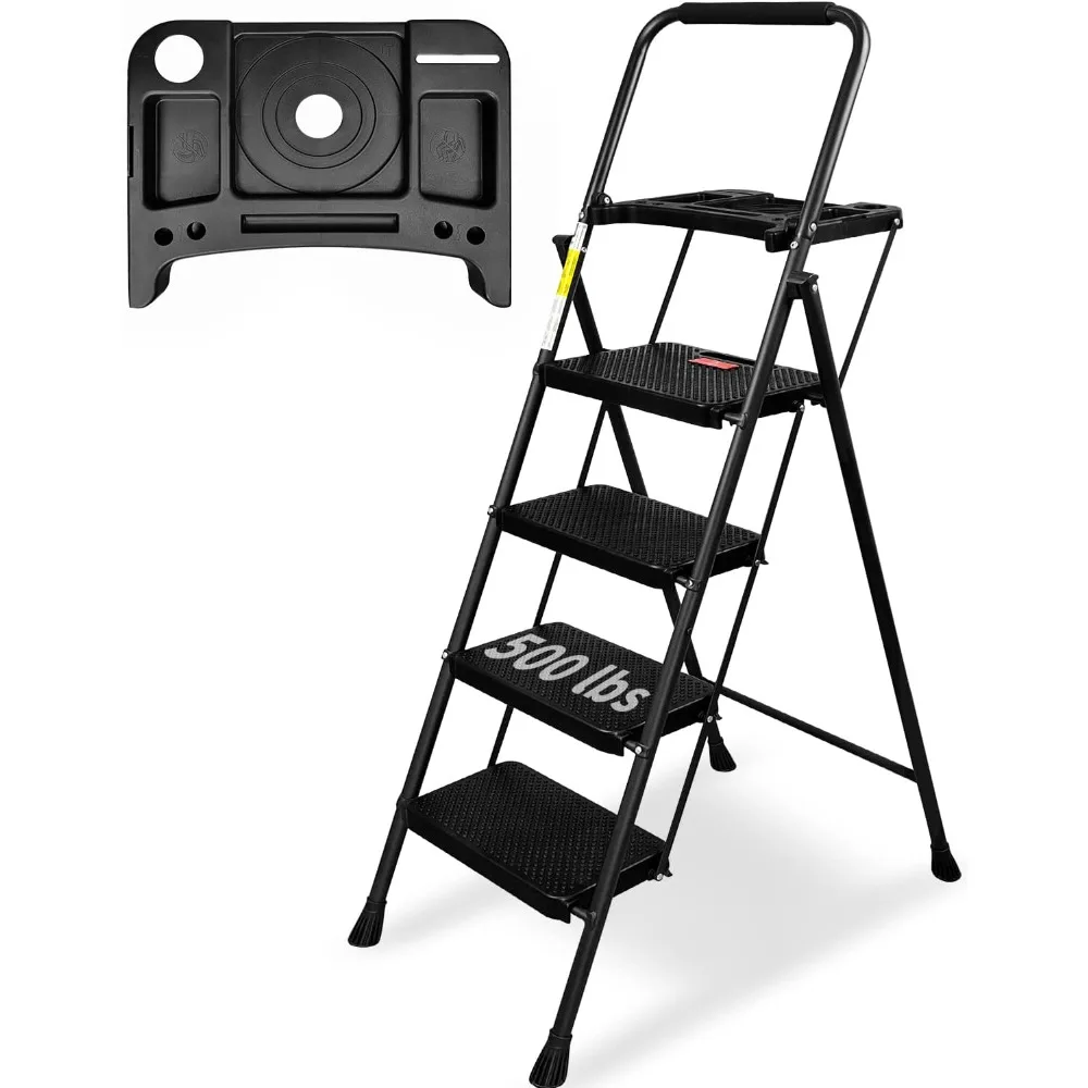 4 Step Ladder, Folding Step Stool with Tool Platform, Wide Anti-Slip Pedal, Lightweight 500lbs Step Ladder for Adults