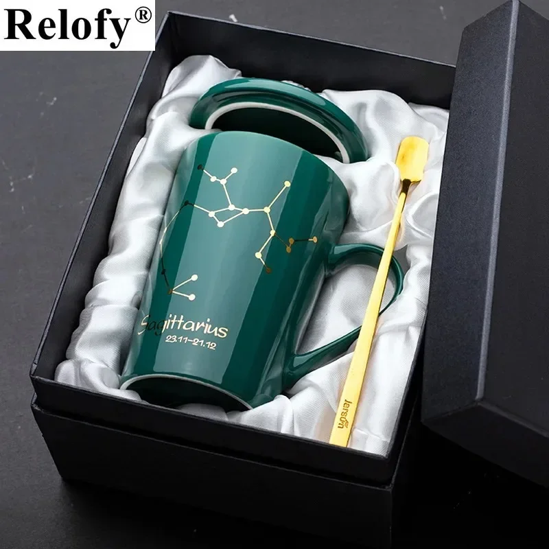 420ml Gift Package Constellation Ceramic Mugs Lovers Coffee Mug Creative Coffee Cups with Lid with Spoon Ceramic Coffee Cup Set