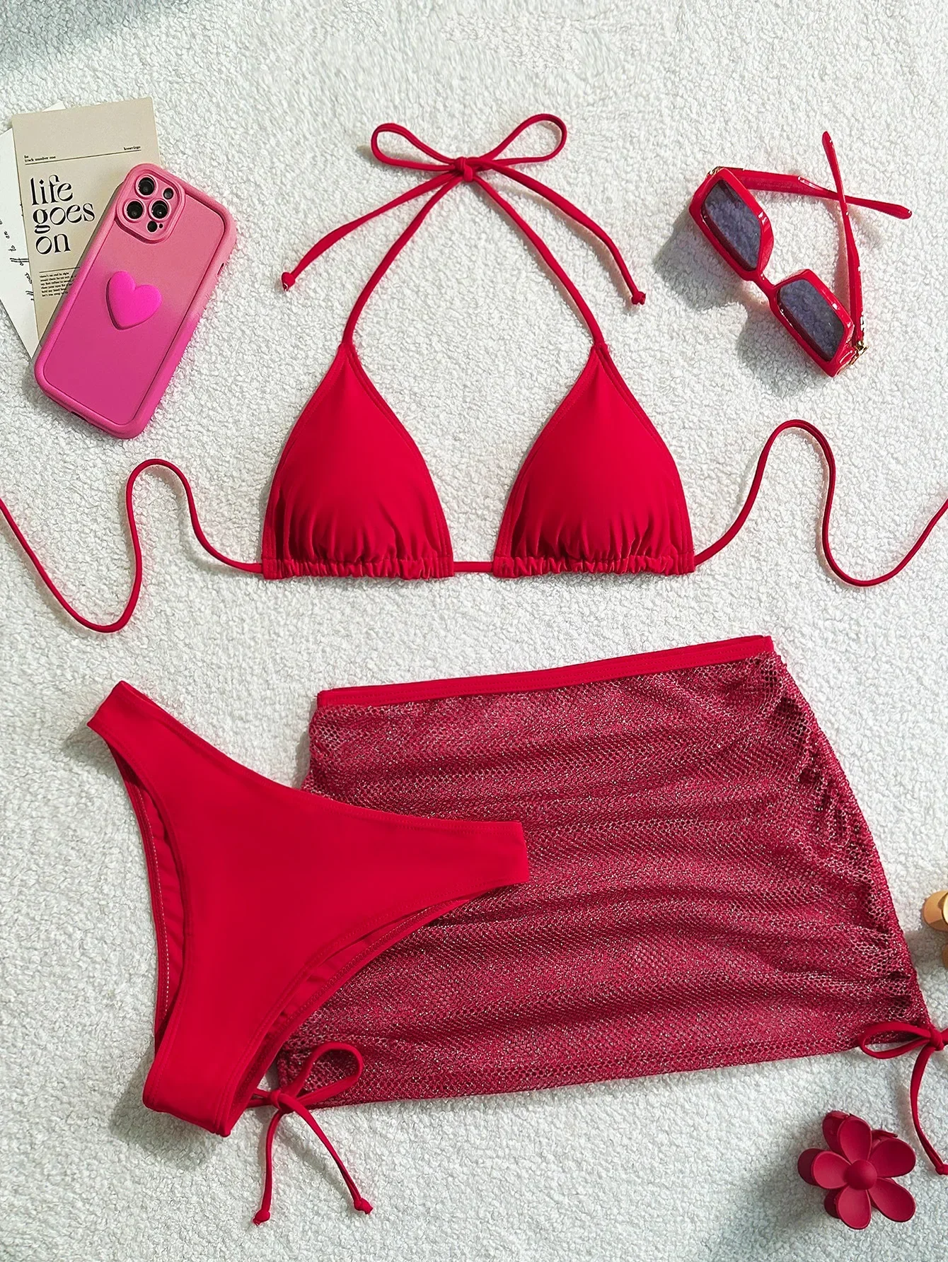 

Sexy Push Up Women Swimsuits 2025 Mesh Pleate Drawstring Mesh Skirt 3 Piece Bikini Set Beach Bathing Suit High Waist Swimwear