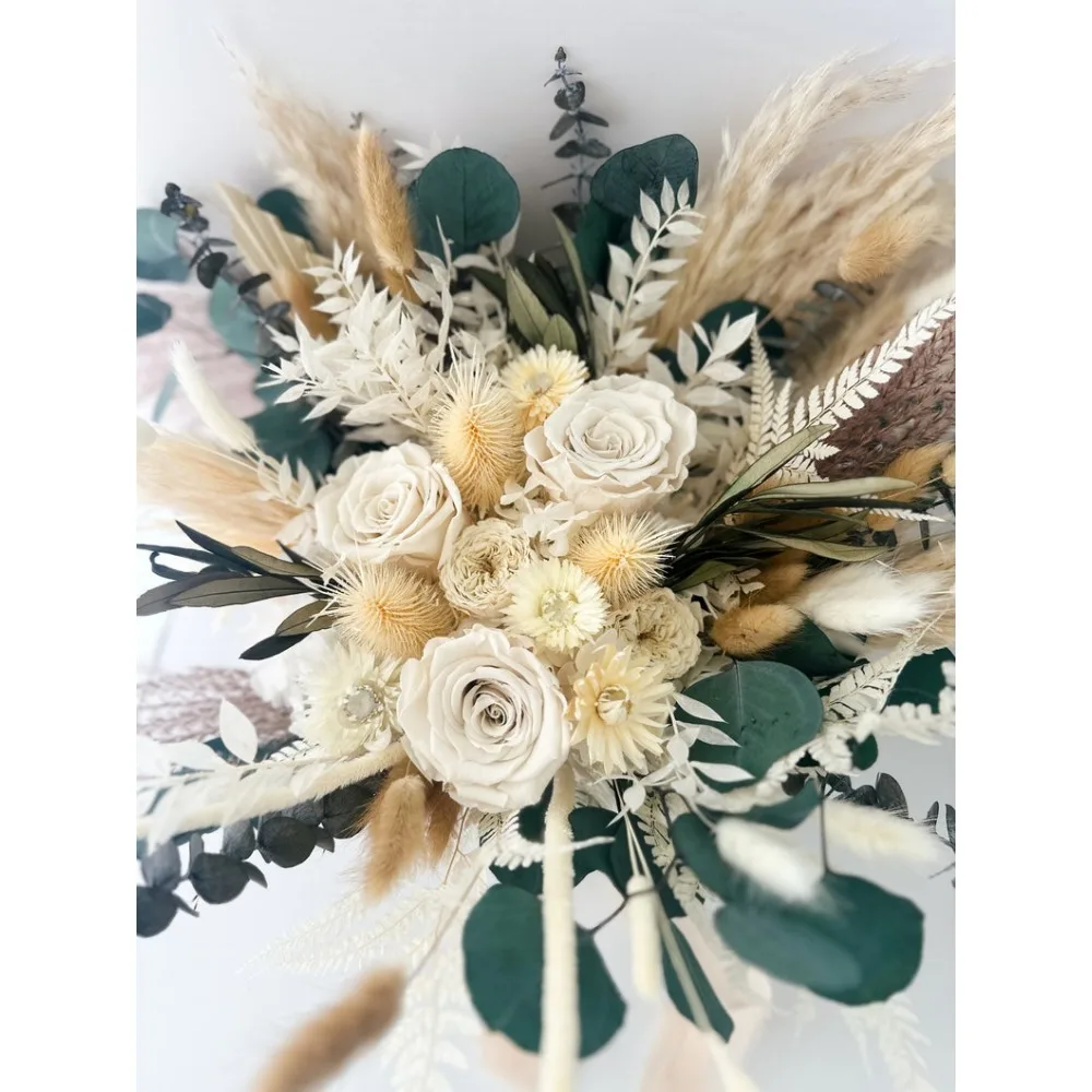 Gedroogde Bloem Boeket, Witte Roos, Strobloem, Eucalyptus Gedroogde Pampas Gras Boeket, Bruid En Bruidsmeisjes, Bruiloft Bloemen