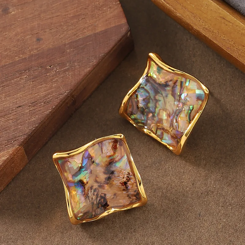 

New Trendy 18K Gold Plated Stainless Steel Colored Resin Drops Irregular Square Shell Stud Earrings Women's Jewelry Accessories
