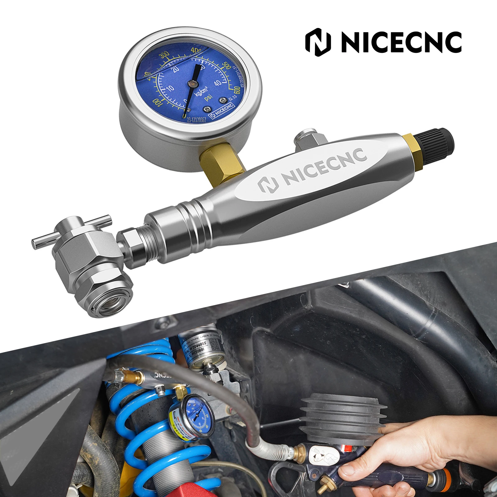 Universal 600psi UTV Shock Nitrogen Filling Regulator w/ .305-32 Schrader Valve for Polaris RZR Yamaha Raptor 700 CanAm Maverick