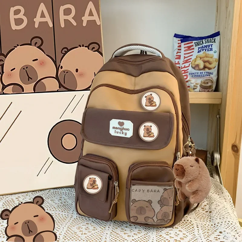 Kapibala-Cartable d'École Primaire, Sac à Dos Kawaii de Grande Capacité, Tendance de la Mode, Marron, Style Collège, Junior et Lycée